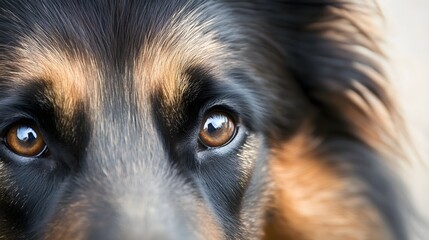 A close-up of a Belgian Tervuren's face, highlighting its intelligent eyes and fluffy ears against a soft, light background