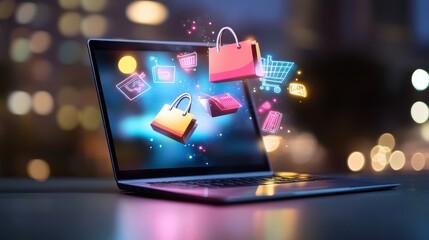 Poster - A laptop with vibrant Cyber Monday banners, flashing lights, and shopping icons appearing in the background.