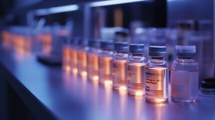 Aufkleber - Rows of glass vials containing liquid medicine are illuminated by a bright light. The vials are arranged in a line on a table. The light casts a warm glow on the vials and the table.