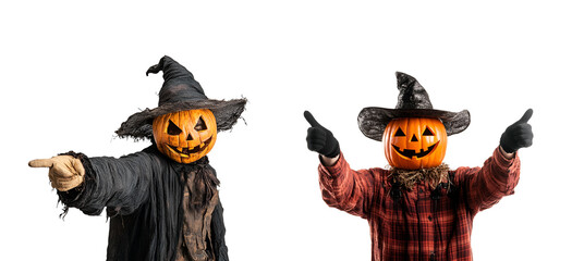 Scary but Fun Pumpkin Head Halloween Scarecrow Set Collection Giving Thumbs Up and Pointing, Isolated on Transparent Background, PNG