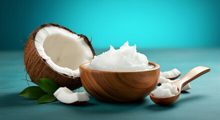 Wall Mural - Coconut with Coconut Oil and Healthy Fats in a Wooden Bowl