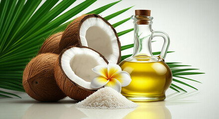 Coconuts and coconut oil with fresh coconut fruit on a background of green palm leaves