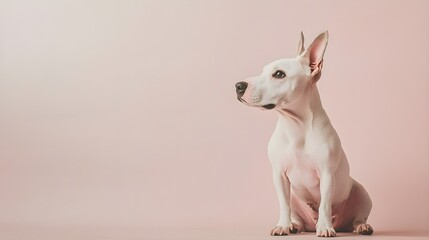 A playful Bull Terrier sitting on a light solid color background, showcasing its distinctive shape and markings