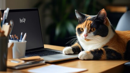 Poster - An overweight calico cat lying next to a laptop on a desk, appearing to 