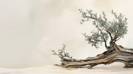 Poster - Natural scene with juniper and dry snags on neutral background for beauty product branding