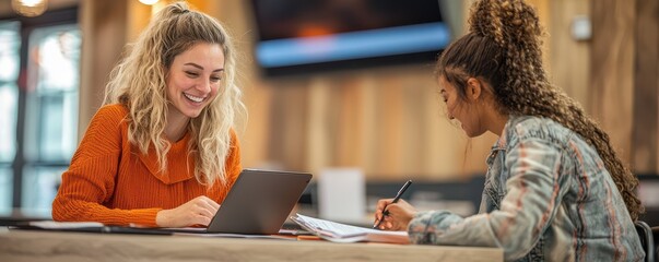 Poster - Two women collaborating in a modern office setting, engaging with a laptop and notes, fostering teamwork and creativity