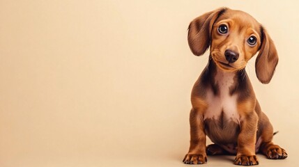 Wall Mural - A playful Dachshund puppy with shiny fur, sitting on a light beige background, looking curiously at the camera