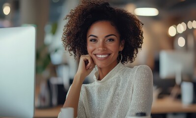 Smiling woman with curly hair working in a modern office environment, exuding confidence and professionalism