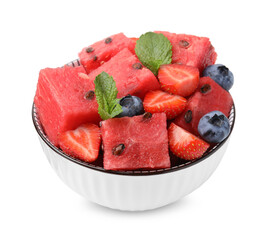 Poster - Pieces of tasty watermelon, strawberries, blueberries and mint in bowl isolated on white