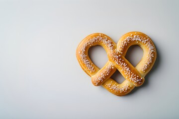 Heart shaped pretzel isolated on white background. Traditional bakery concept. Oktoberfest festival and Pretzel Day celebration. Flat lay, top view. Banner with copy space