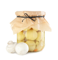 Wall Mural - Tasty pickled mushrooms in jar and fresh ingredients isolated on white