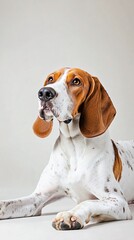 Wall Mural - A playful American English Coonhound lying down with a wagging tail, capturing the essence of its friendly nature on a light solid color background