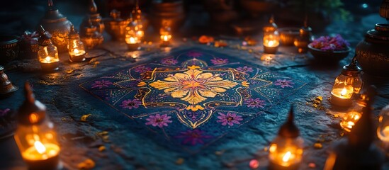 A colorful rangoli pattern with intricate geometric designs and glowing flowers, delicately lit by surrounding oil lamps in a festive setting.