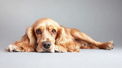 Wall Mural - A playful English Cocker Spaniel lying on a light solid color background, showcasing its soft fur and expressive eyes