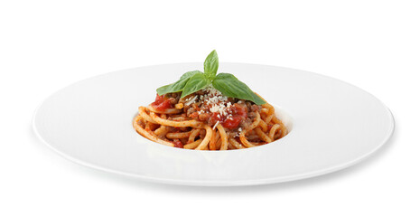 Wall Mural - Delicious pasta bolognese with basil isolated on white