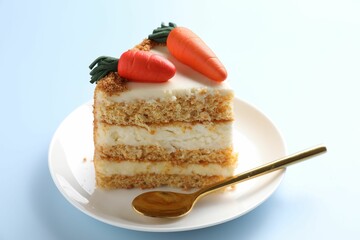 Piece of delicious carrot cake on light blue background, closeup