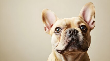 Wall Mural - A close-up of a French Bulldog's face, showcasing its distinctive features and expressive eyes against a light pastel background