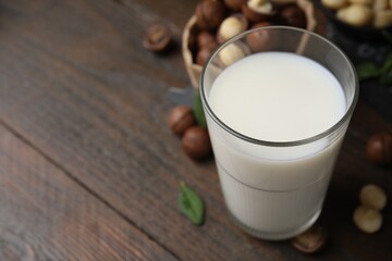 Poster - Glass of macadamia milk and nuts on wooden table, closeup. Space for text