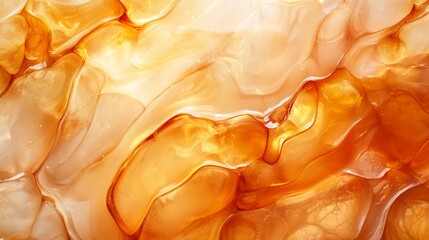  A tight shot of an orange-yellow substance atop an orange-yellow liquid's surface