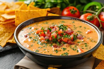 Bowl of rich queso dip with bacon peppers tomatoes and chips