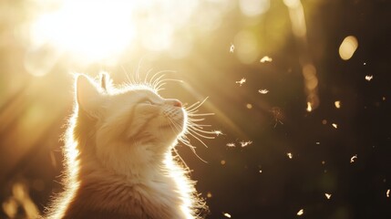 Aufkleber - A cat basks in the soft sunlight, its fur glowing as it gazes at the sky, surrounded by floating particles in the warm air at dusk in a tranquil outdoor environment.