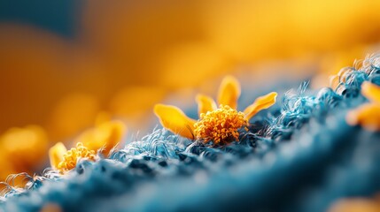 Wall Mural -  A tight shot of a yellow bloom against a blue-yellow backdrop of floral texture, background softly blurred