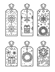 Line art illustration of Christmas gift tags designed for coloring, featuring festive patterns and holiday motifs.