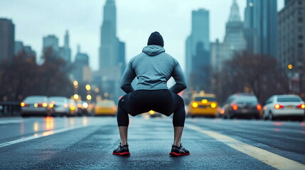 Urban fitness enthusiast doing squats on a bridge with traffic and skyscrapers visible