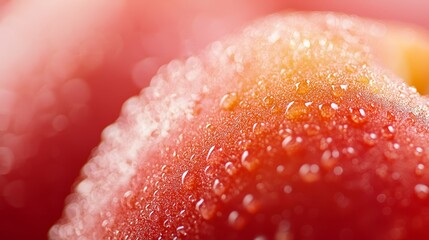 Wall Mural -  A tight shot of a red apple, its surface dotted with water droplets, and a yellow fruit faintly visible in the background