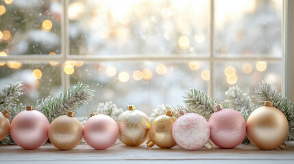 Christmas decorations view on the winter window background, gold and light pink balls