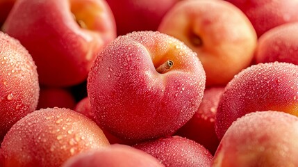 Wall Mural -  A tight shot of a red apple heap, adorned with water droplets and featuring a yellow center