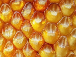 hyperrealistic macro shot of corn kernels with intricate textures and golden hues