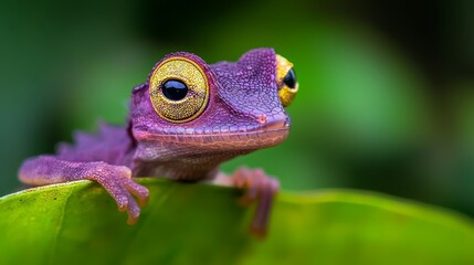 Wall Mural -  A tight shot of a purple-yellow frog atop a verdant leaf, surrounded by an out-of-focus background