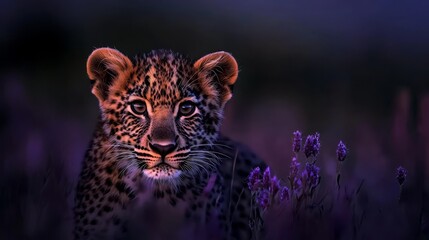 Wall Mural -  A tight shot of a cheetah in a field blanketed by purple flowers Behind, the ominous backdrop of a darkening sky