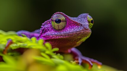 Wall Mural -  A tight shot of a purple and green frog perched on a branch, adorned with green foliage in the foreground The background softly blurs