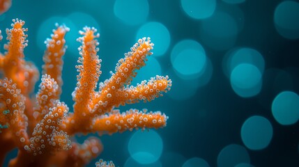 Wall Mural -  A tight shot of an orange coral, teeming with water droplets, against a backdrop of blue