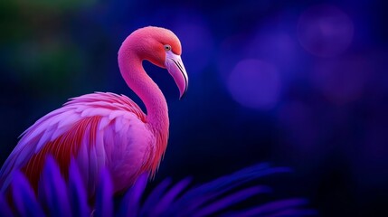 Wall Mural -  A pink flamingo poses before a backdrop of blue and purple, with a palm tree in the near foreground