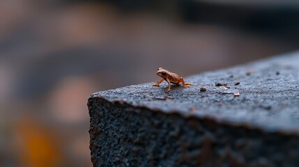  A tiny frog sits on a concrete wall's edge, gazing at the camera with a hazy backdrop