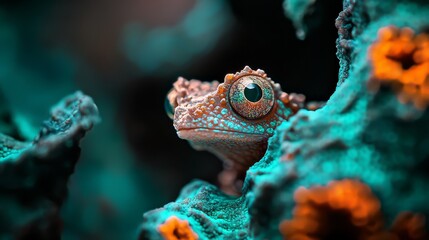 Wall Mural -  A tight shot of a gecko peering out from among orange and blue corals in the background