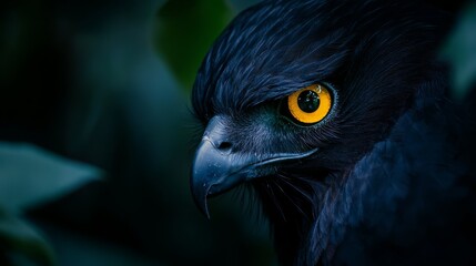  A tight shot of a black bird with a yellow-eyed prey bird in its beak