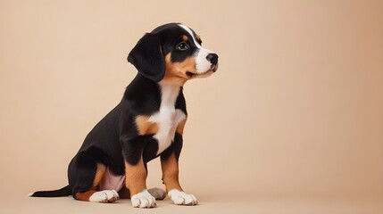 A playful Appenzeller Sennenhund puppy sitting on a light solid color background, showcasing its lively personality and distinctive markings