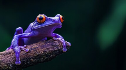 Wall Mural -  A purple frog perches on a tree branch, its orange eyes contrasting against the green leafy backdrop