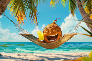 Cute cartoon coconut in a hammock under palm trees on a tropical island.