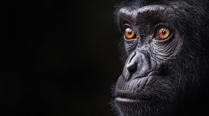  A monkey's face with a close-up view, its left eye displaying an orange hue