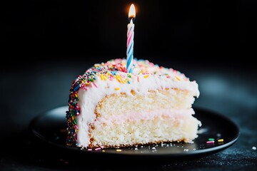 Wall Mural - Single slice of birthday cake with candle on black plate