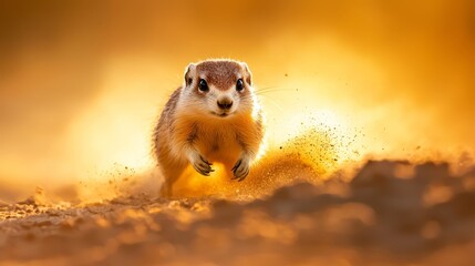 Wall Mural -  A ground squirrel runs through a dirt field against a backdrop of a yellow sky