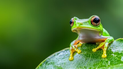 Wall Mural -  A tight shot of a frog on a green leaf, dotted with water droplets on its body