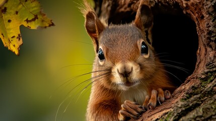 Wall Mural -  A squirrel's head peeks out from tree hole against a green backdrop