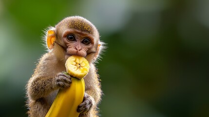 Poster -  A small monkey focuses on eating a banana with a blurred background behind it