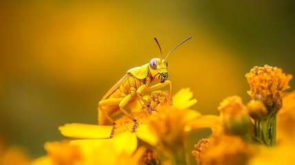 Wall Mural -  A tight shot of a grasshopper perched on a yellow flower, surrounded by yellow blooms in the foreground, while the background softly blurs